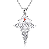Silver  Caduceus Angel Nursing Themed Pendant Necklace 