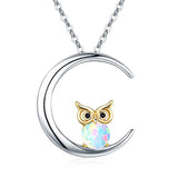  Silver Opal Owl Necklace Crescent Moon Pendant Owl Jewelry