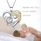 925 Sterling Silver Madonna and Child Necklace with Heart  Mothers Birthday Jewelry Gifts
