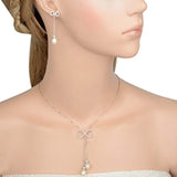 925 Sterling Silver CZ Freshwater Cultured Pearl Bowknot Pendant Necklace Earrings Set Clear