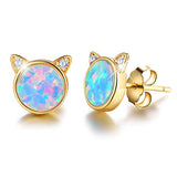 925 Sterling Silver Opal Cat Stud Earrings Cute Cat with Natural Stone Hypoallergenic Earrings
