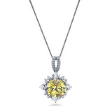 Rhodium Plated Sterling Silver Canary Yellow Cushion Cut Cubic Zirconia CZ Halo Flower Anniversary Wedding Pendant Necklace