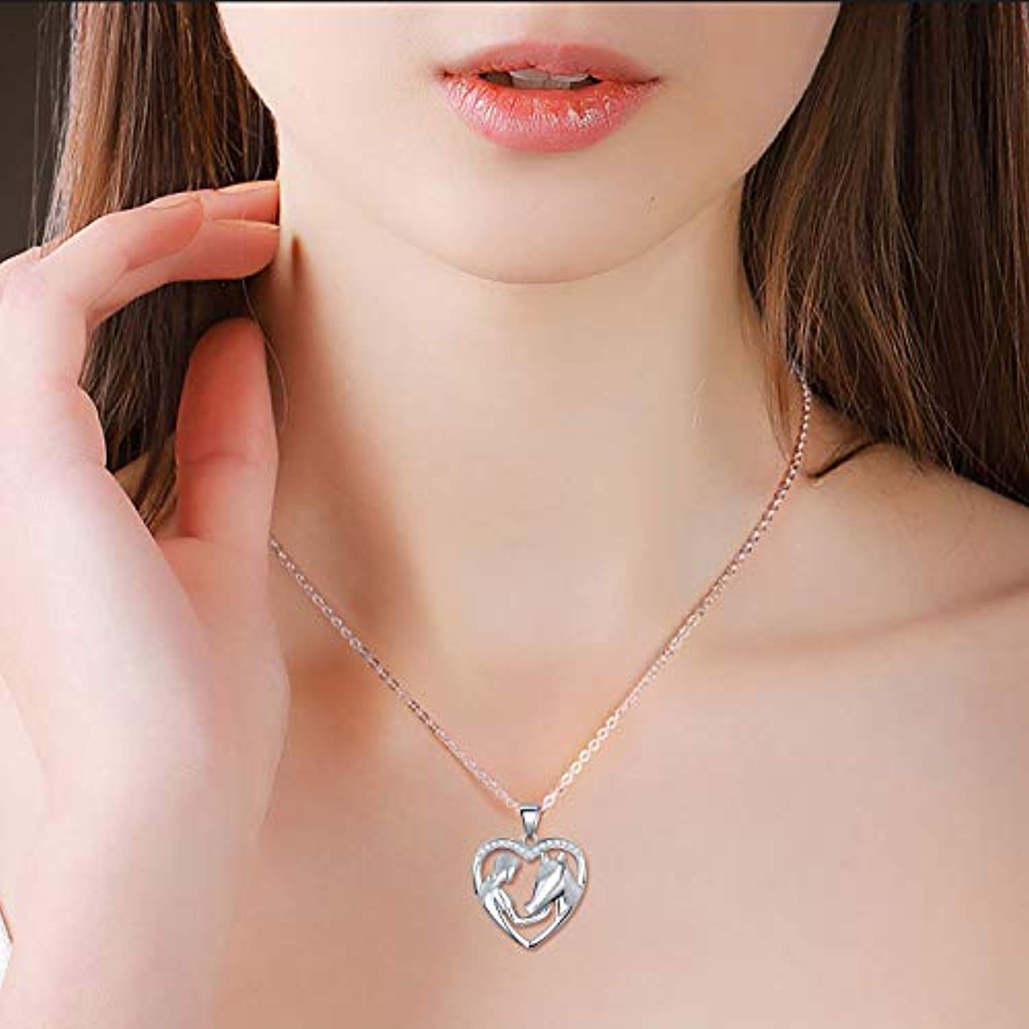 S925 Sterling silver Horse  in Heart Pendant Necklace Jewelry for Women