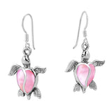 Love Life Sea Turtle Heart Pink Mother of Pearl .925 Sterling Silver Dangle Drop Earrings
