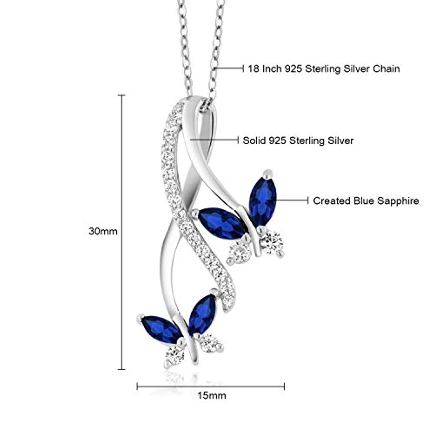 925 Sterling Silver Created Blue Sapphire Butterfly Infinity Pendant Necklace For Women (1.21 Ct Marquise, With 18 Inch Silver Chain)