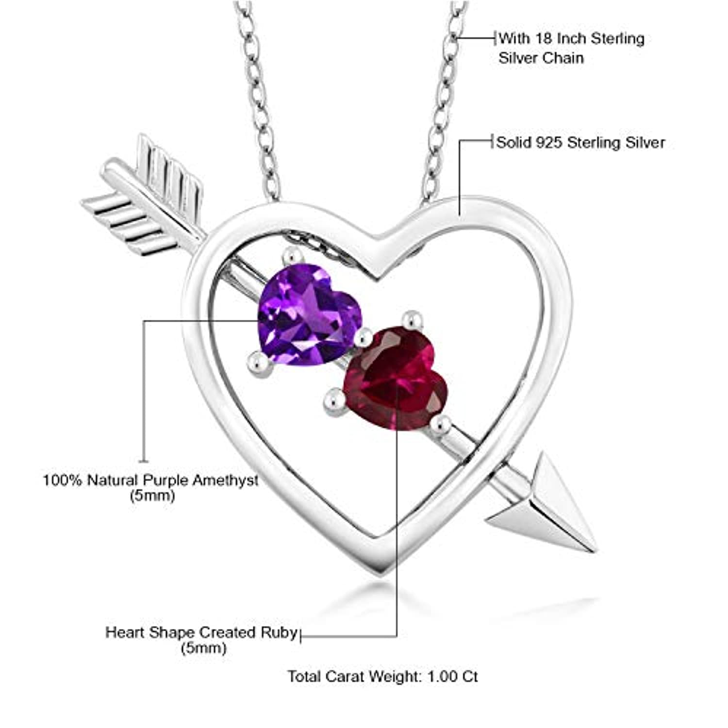925 Sterling Silver Amethyst and Red Created Ruby Heart & Arrow Pendant Necklace For Women (1.00 Ct with 18 Inch Silver Chain)