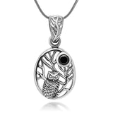 Owl Tree Midnight Black CZ Full Moon Oval Pendant Necklace