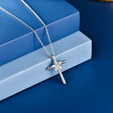 925 Sterling Silver  CZ Flower Cross Pendant Necklace Jewelry Birthday Gifts for Women