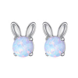 Silver Cute Animal Opal Rabbit Stud Earrings
