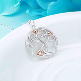 Sterling Silver Tree of Hearts Necklace Circular Pendant with Cubic Zirconia Stones and Rose Gold Hearts