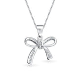 Holiday Bow Ribbon Pendant Pave Clear Cubic Zirconia Pendant Necklace For Women For Teen 925 Sterling Silver