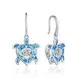 925 Sterling Silver Dancing Diamond Cubic Zirconia Blue Fire Opal Turtle Dangle & Drop Earrings