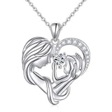 Silver Mother Holding Child Love Heart Necklace 