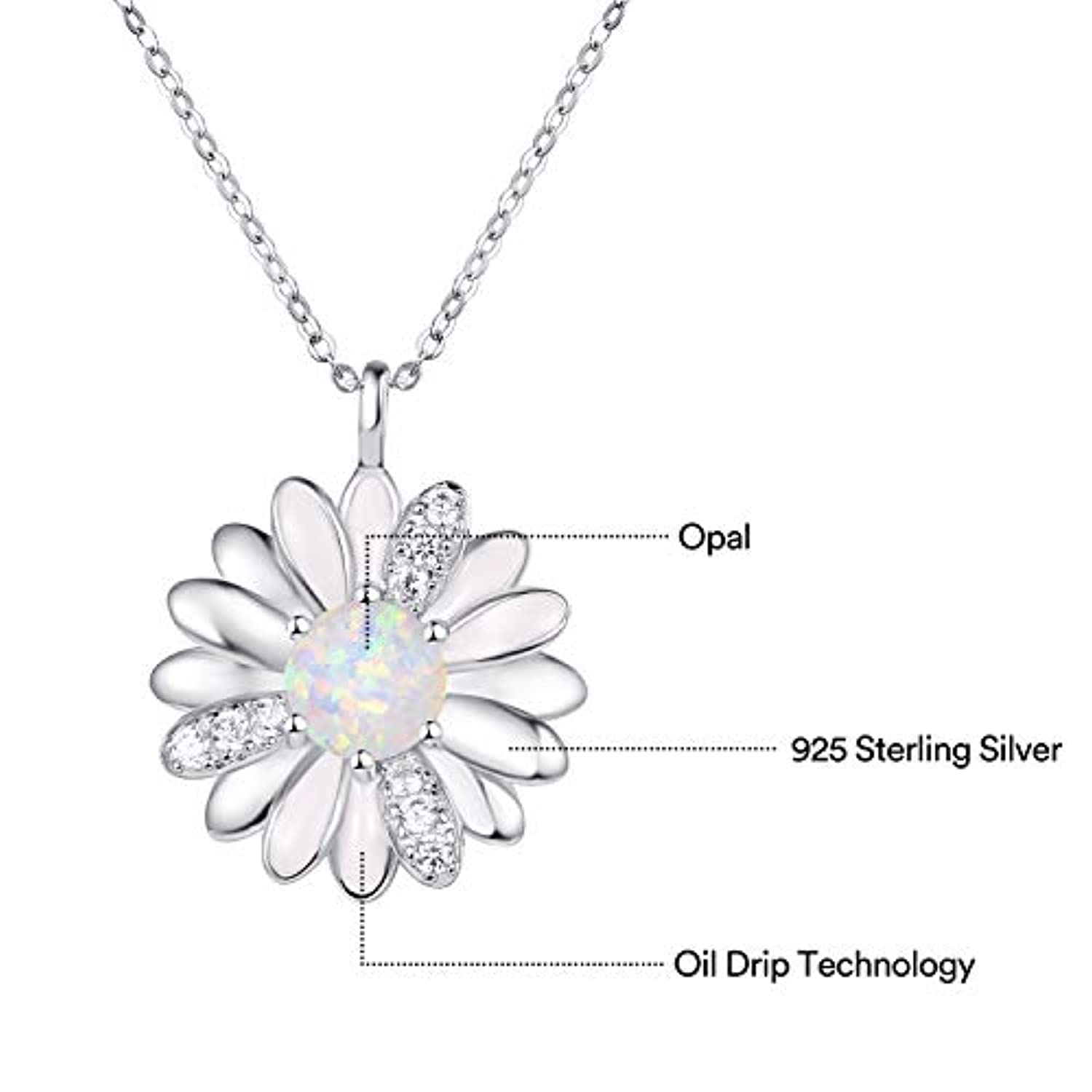 Daisy Flower Necklace For Women 925 Sterling Silver Cubic Zirconia Opal Blossom Daisy Pendant Necklace