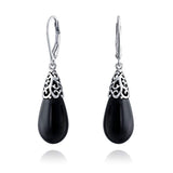 Bali Style Gemstone Black Onyx Elongated Teardrop Filigree Leverback Dangle Earrings For Women Sterling Silver