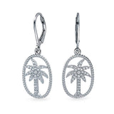 Cubic Zirconia Tropical Twisted Rope Oval Leverback Palm Tree Dangle Earrings For Women 925 Sterling Silver