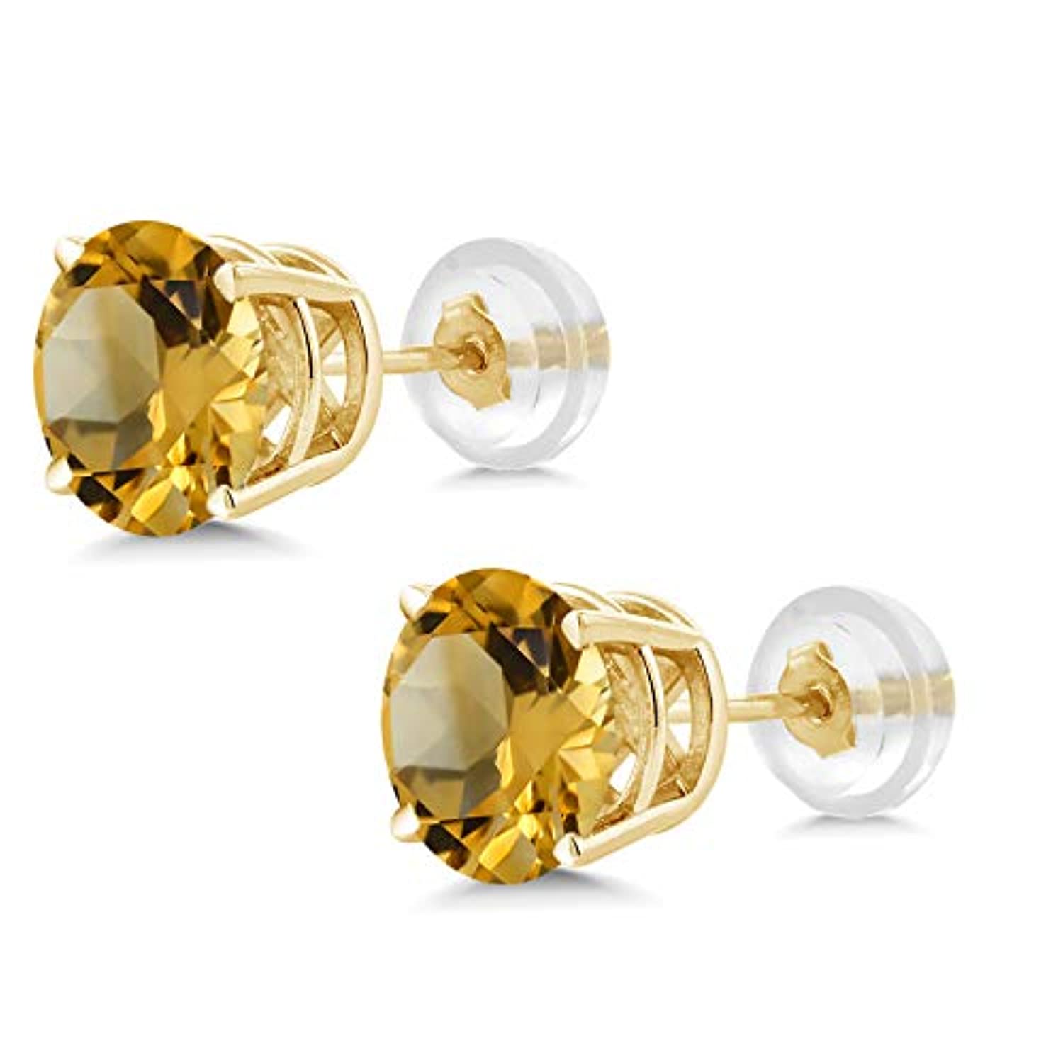 14K  Gold Yellow Citrine Stud Earrings  Round Gemstone For Women
