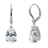 Rhodium Plated Sterling Silver Pear Cut Cubic Zirconia CZ Statement Solitaire Leverback Anniversary Wedding Dangle Drop Earrings