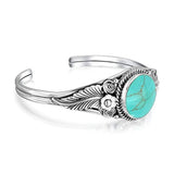 Southwestern Navajo Style Oval Cabochon Stabilized Turquoise Cuff Bracelet For Women Leaf Motif 925 Sterling Silver