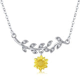 Sunflower Necklace  S925 Sterling Silver 14K Gold Plated sunflower pendant, featured several leaves and a branch with lines for Women