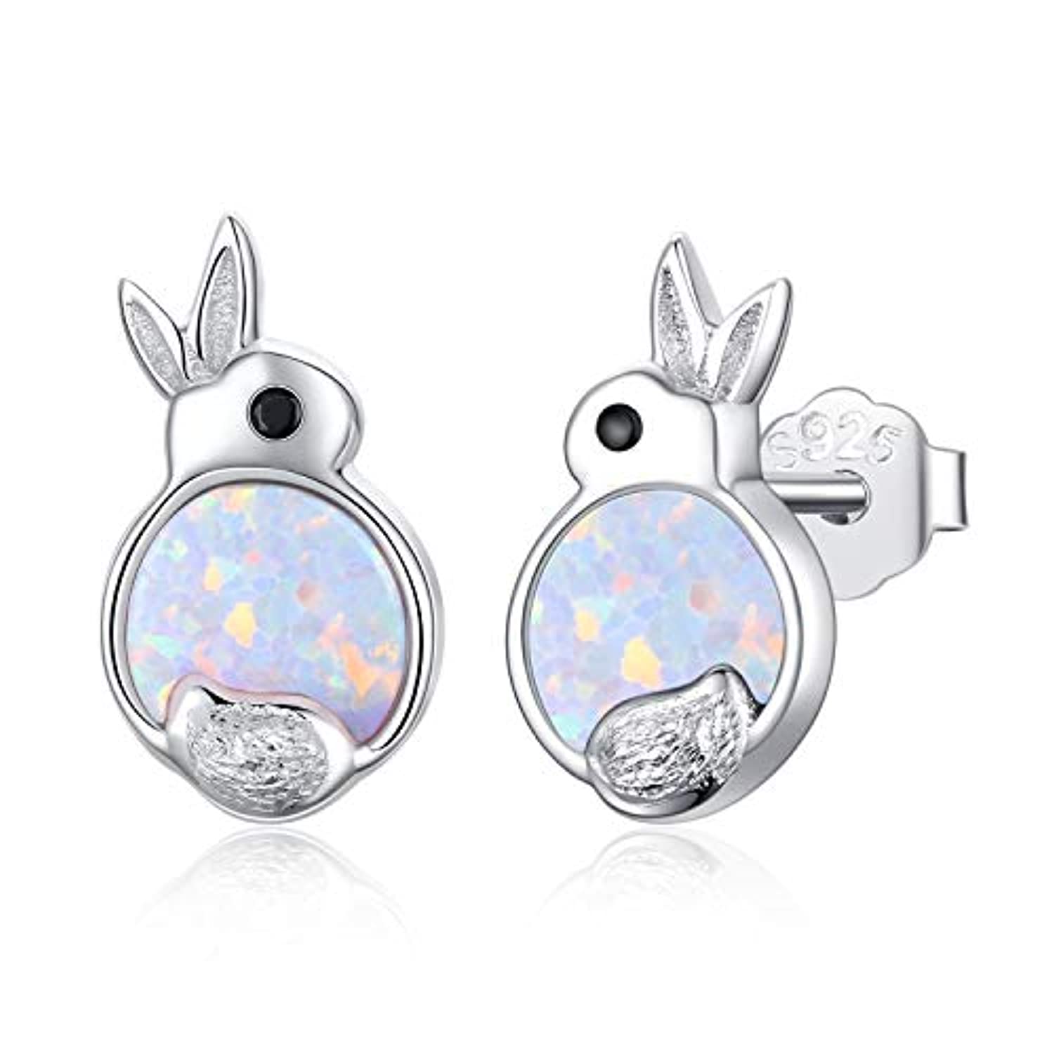 Silver Opal Rabbit Stud Earrings 