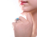 Rhodium Plated Sterling Silver Blue Cushion Cut Cubic Zirconia CZ Statement 3-Stone Cocktail Anniversary Fashion Right Hand Ring