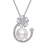 Pearl Flower Necklace Dainty Pendant Chain Sterling Silver With Cubic Zirconia Birthday Gift for Women