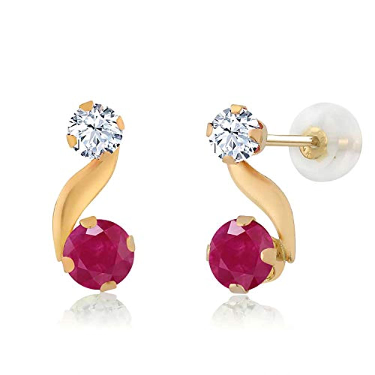 14K Gold Red Ruby Round White Zirconia Gemstone Birthstone Stud Earrings