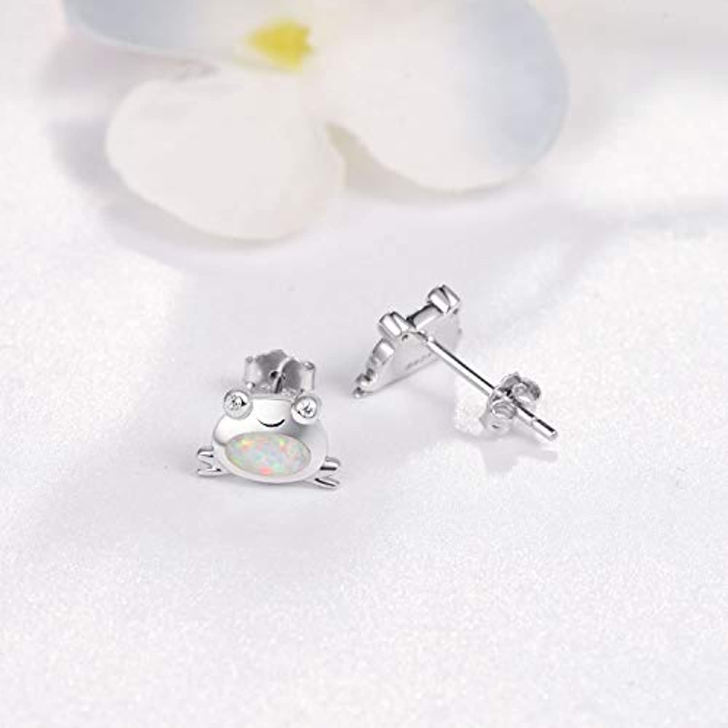 Frog Earring For Women 925 Sterling Silver Blue Opal Cubic Zirconia Animal Small Hypoallergenic Earrings