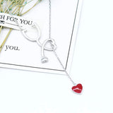 925 Sterling Silver Medical Stethoscope Lariat Necklace Heartbeat Pendant for Doctor Student Gift Nurse Jewelry