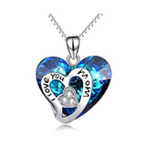 Silver Mom Necklace Heart Pendant with Blue Swarovski Crystal