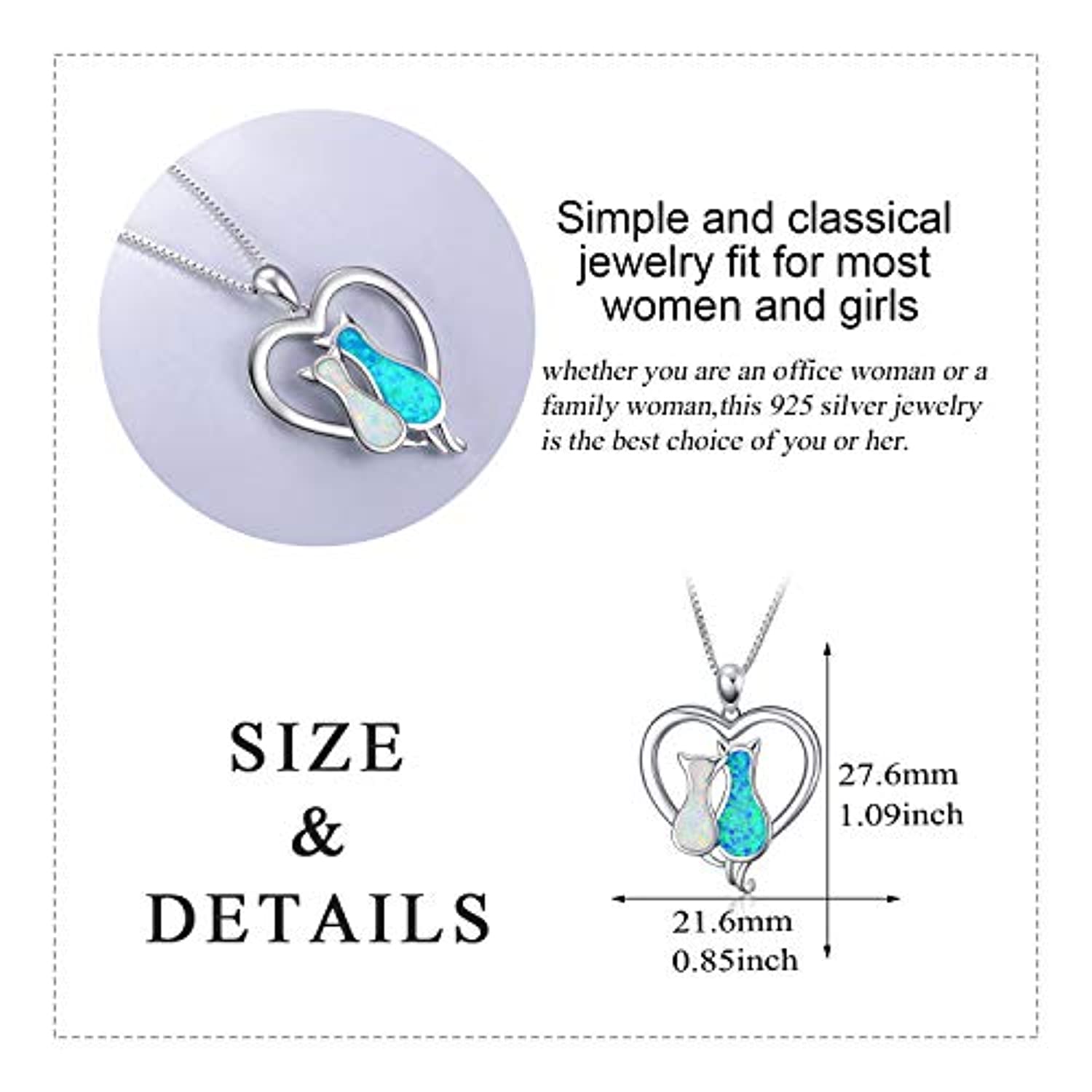 Angel caller Cat Necklaces 925 Sterling Silver Jewelry Cute Double Two-Tone Cat Pendant Cubic Zirconia Necklace Rolo Chain,Eternal Love Heart Necklace for Women,Girls