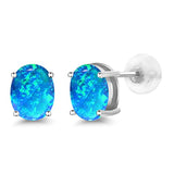 14K  Gold Oval Blue Opal Stud Earrings 