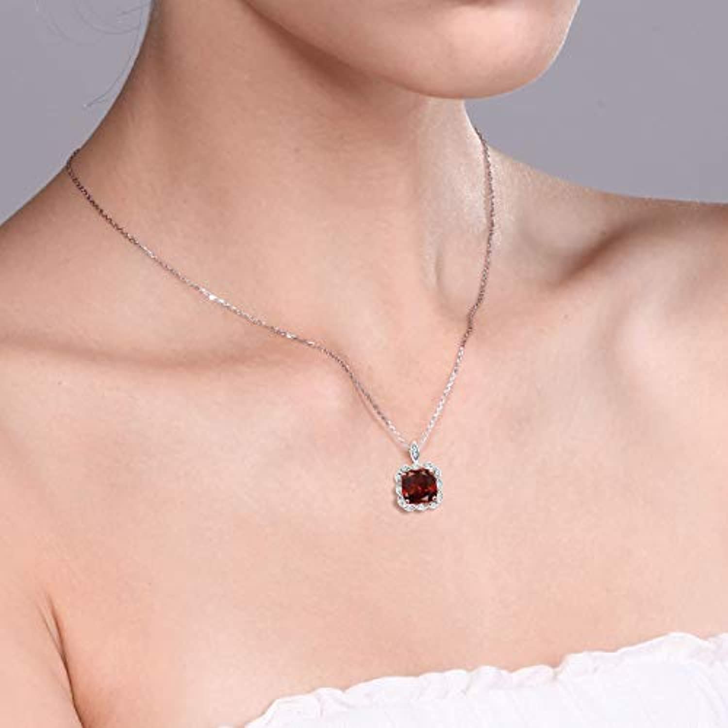 925 Sterling Silver Red Garnet Pendant Necklace For Women (2.91 Ct Cushion Cut, Gemstone Birthstone with 18 Inch Silver Chain)