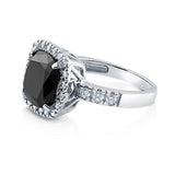 Rhodium Plated Sterling Silver Black Cushion Cut Cubic Zirconia CZ Statement Halo Cocktail Fashion Right Hand Ring