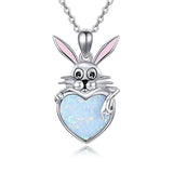Silver Bunny Necklace Opal Love Heart Pendant