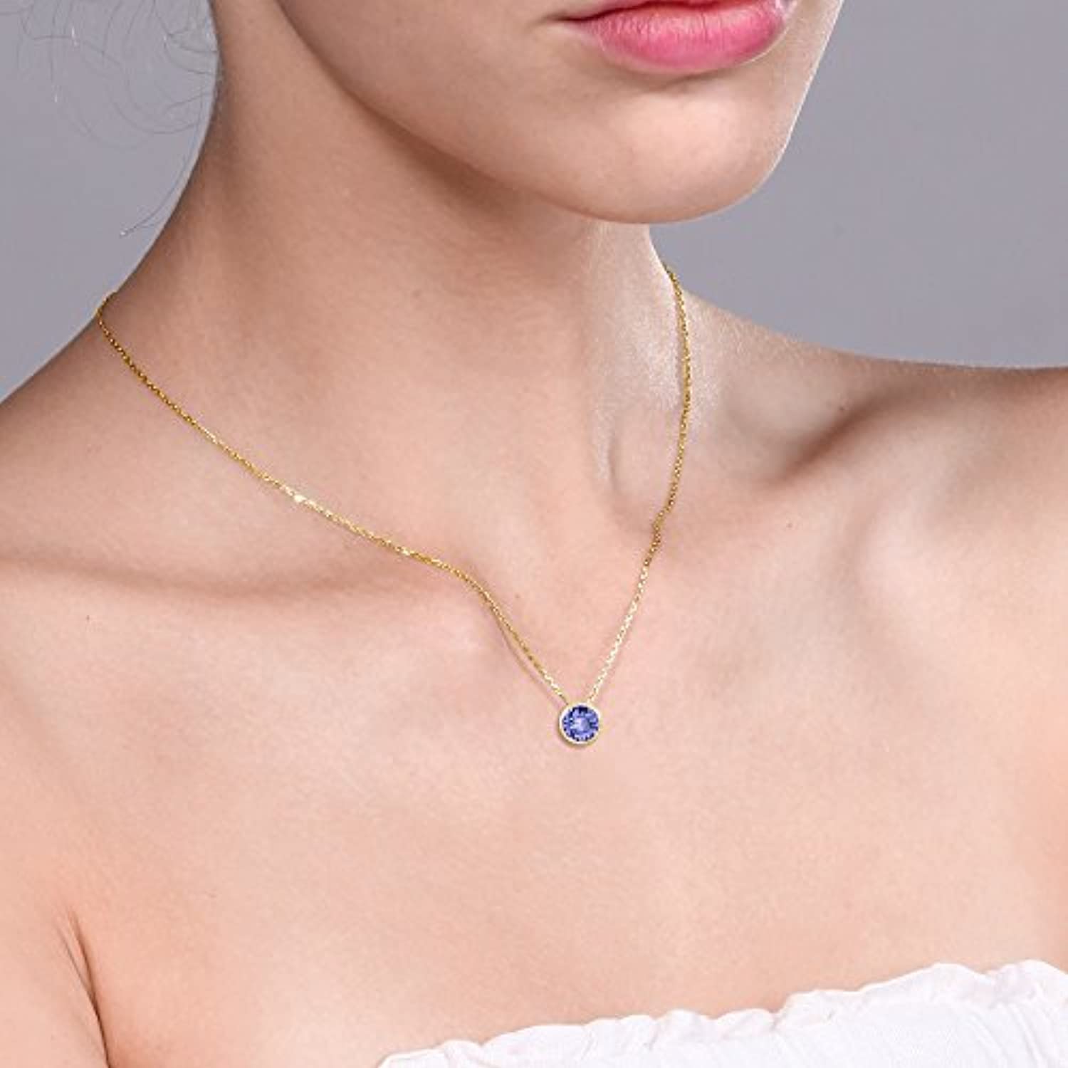 14K Gold Round Blue Tanzanite  Pendant Neckalce With Chain For Women