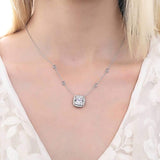 Rhodium Plated Sterling Silver Cushion Cut Cubic Zirconia CZ Statement Halo Anniversary Wedding Pendant Necklace