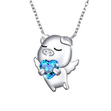 Silver Blue Heart Flying Pig Cute Animal Jewelry