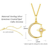 Yellow White/Gold Plated Sterling Silver Created Fire Opal Moon & Star Necklace October Birthstone Statement Fine Jewelry for Women 16+2 inch Extender