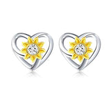 Silver Sunflower Heart Stud Earrings 
