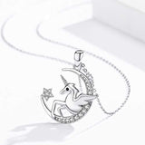 925 Sterling Silver Unicorn On The Moon Pendant Necklace Jewelry Gifts For Women