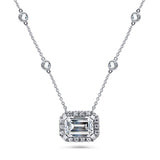 Rhodium Plated Sterling Silver Emerald Cut Cubic Zirconia CZ Halo East-West Anniversary Wedding Pendant Necklace