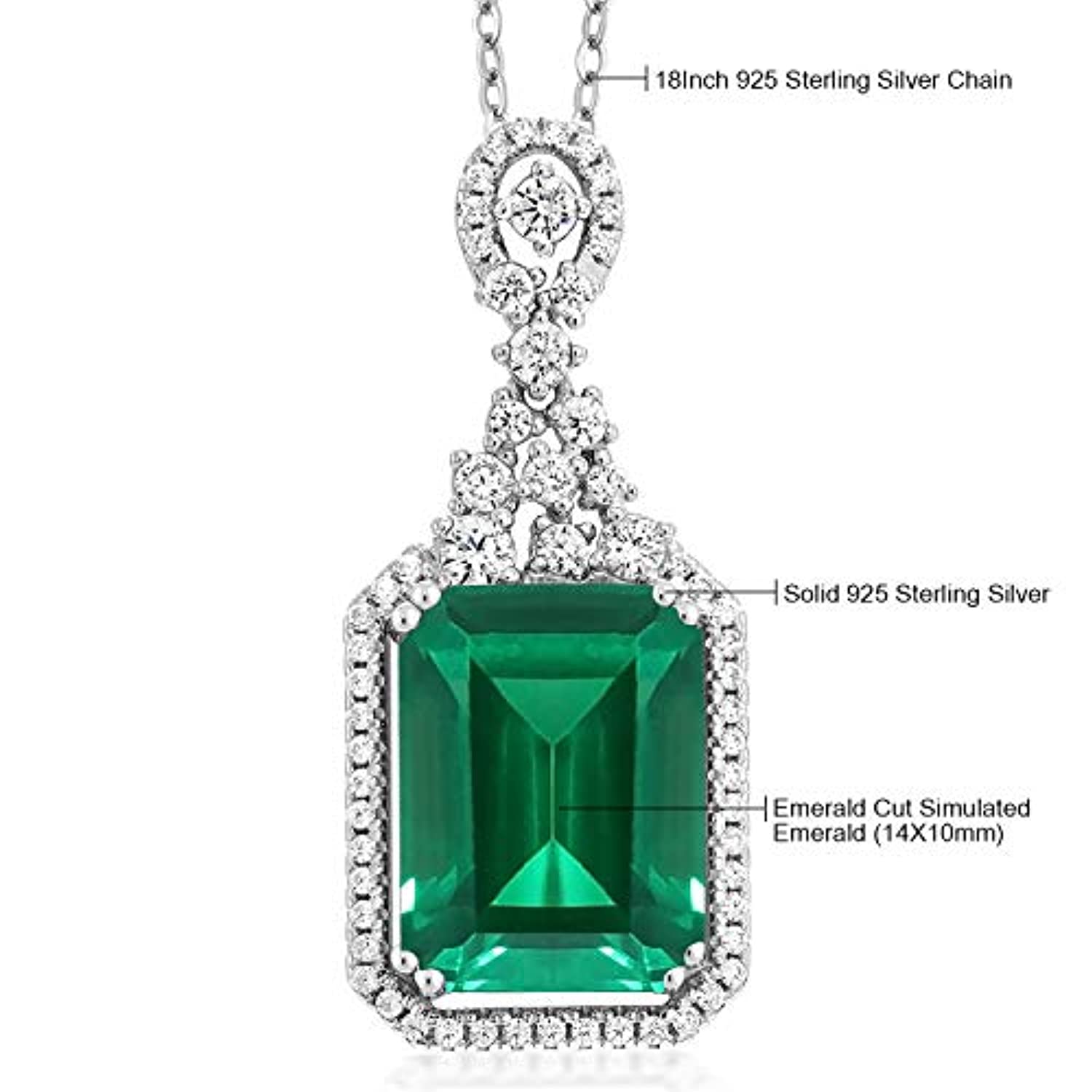 Sterling Silver Green Simulated Emerald Pendant Necklace 7.10 cttw Emerald Cut 14X10MM with 18 Inch Silver Chain