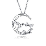 S925 Sterling Silver Moon Hummingbird Pendant Necklace with Flowers Bird Animal Jewelry Gift for Women