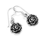 925 Oxidized Sterling Silver Vintage Rose Flower Dangle Hook Earrings