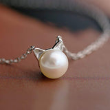 Sterling Silver Cat Necklace Freshwater Cultured Pearl Cat Collarbone Charm Necklace