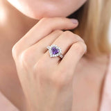 Rhodium Plated Sterling Silver Simulated Amethyst Heart Shaped Cubic Zirconia CZ Statement Halo Engagement Wedding Ring Set