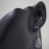 925 Sterling Silver Open Filigree Flower Blue Topaz Gemstone Teardrop Dangle Hook Earrings