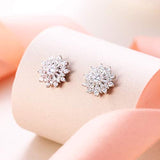 925 Sterling Silver Full Cubic Zirconia Snowflake Flower Stud Earrings